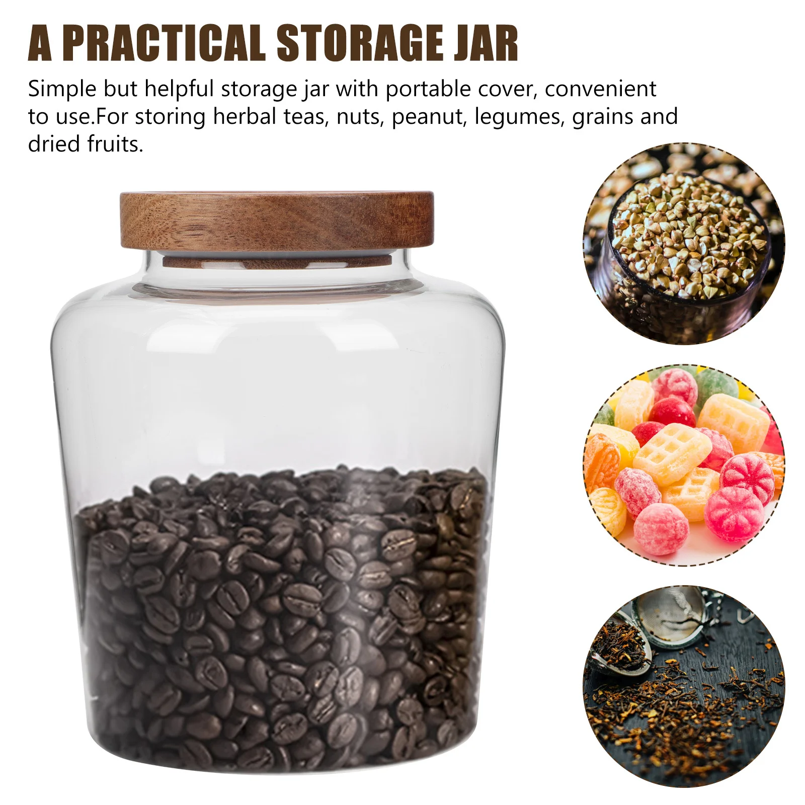 

Solid Wood Lid Sealed Storage Jar Glass Household Container for Coarse Cereal Tea Grains Dried Food Holder Transparent