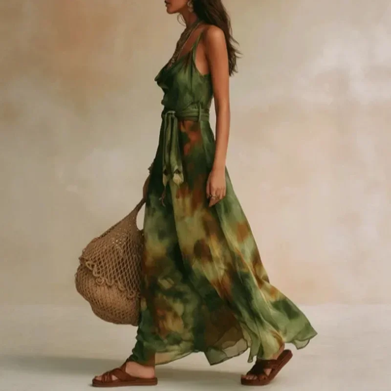 Greenora Tie Dye Spaghetti Strap Maxi Dresses Women Backless Self Belt Wrap Waist Hem Dress Bohemian Beach Holiday Elegant Flowy