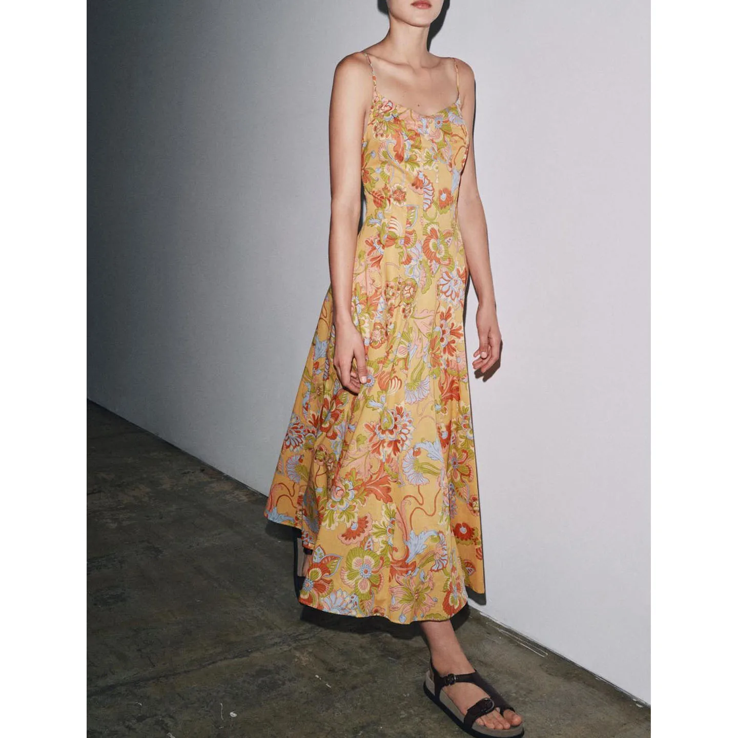 Novo outono 2025 feminino casual mistura de algodão redondo ne a linha dr floral impressão em camadas bainha confortável ajuste maxi dr