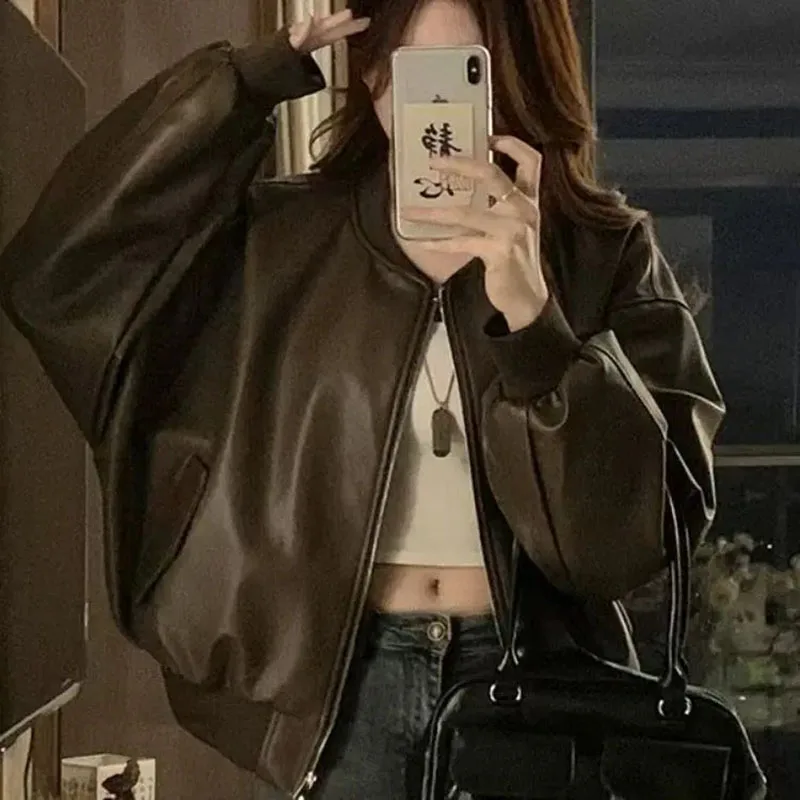 

Spring 2026 Women's New Retro Coat Motorcycle Wind Leather Loose Jacket Student Casual Female Simple Baseball Collar Overwear
