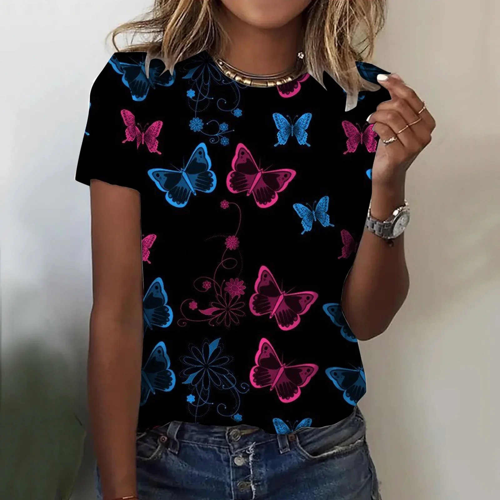 

Модная женская базовая рубашка с принтом, круглый вырез, короткий рукав, модная футболка из полиэфирного волокна с круглым вырезом и коротким рукавом Y2K