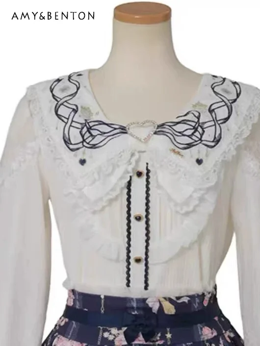 

Japanese Liz Summer Sweet Cute Sailor Suit Exquisite Embroidered Lace Printed Long Sleeve Shirt Lolita Style Loose Slim Blouses