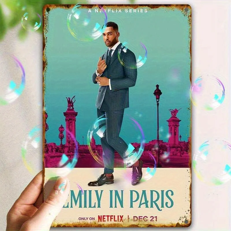 Vintage Metal Wall Art Sign - Emily in Paris Netflix Series Artwork with Arc de Triomphe & Bubbles Design, Rustic Iron Indoor/