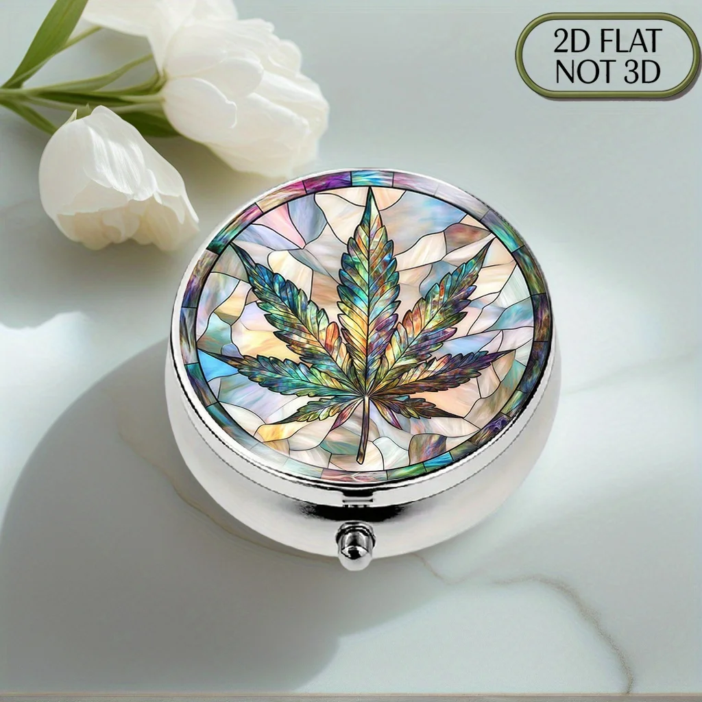 1 portable round metal pill box with a leaf-patterned stained glass design – suitable for storing herbs, vitamins, and supplements, easy to carry and discreet, ideal as a themed gift, flat design