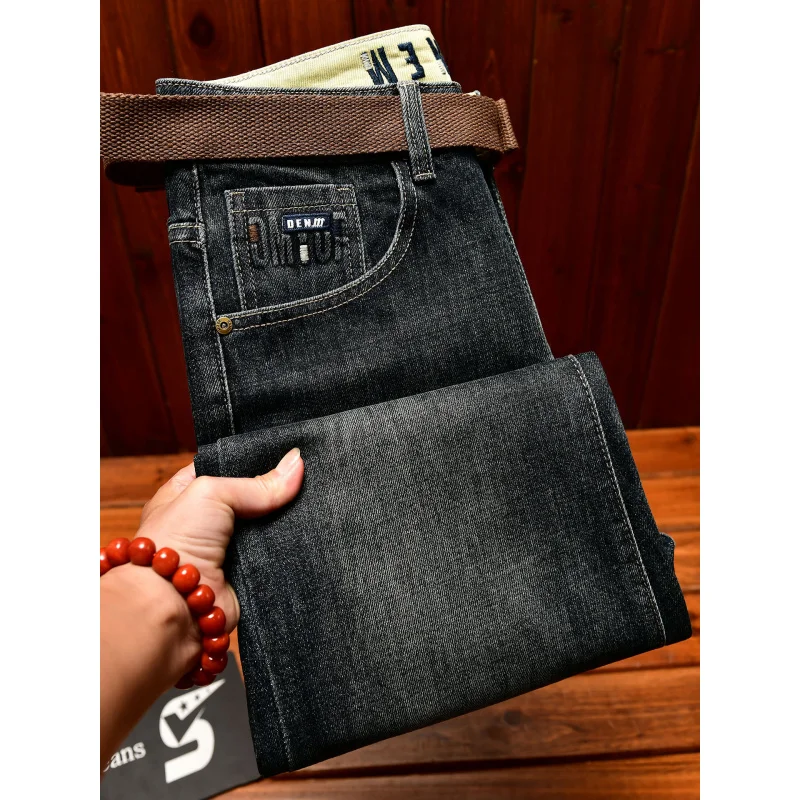 2025년 가을 남성용 트렌디 브랜드 청바지, 두꺼운 데님, 신축성 있는 원단, 세련된 스트릿 슬림핏 슬림핏 팬츠