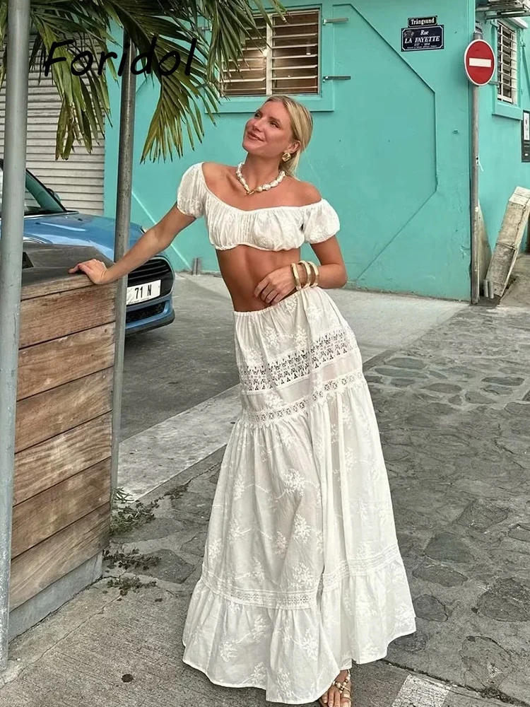 Off Shoulder Vintage White Lace Long Dress Women Two Pieces Matching Sets Summer Midi Dress Beach Boho Style Vestidos Feminino