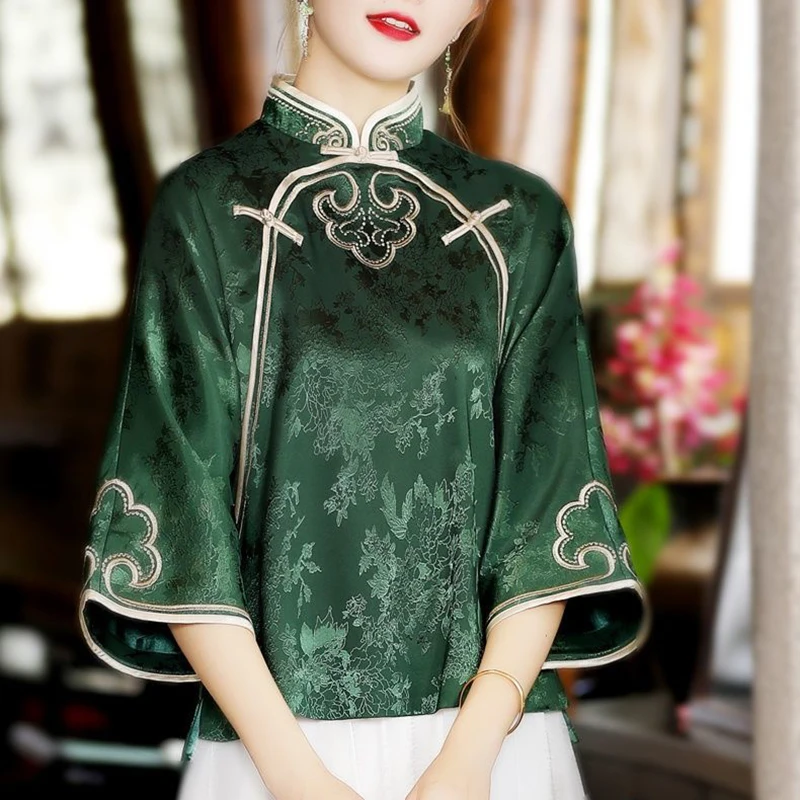 Chinese Ethnic Style Embroidery Women's Shirt Imitation Silk Buckle Tang Costume Spring Summer Vintage Elegant Classic Shirts