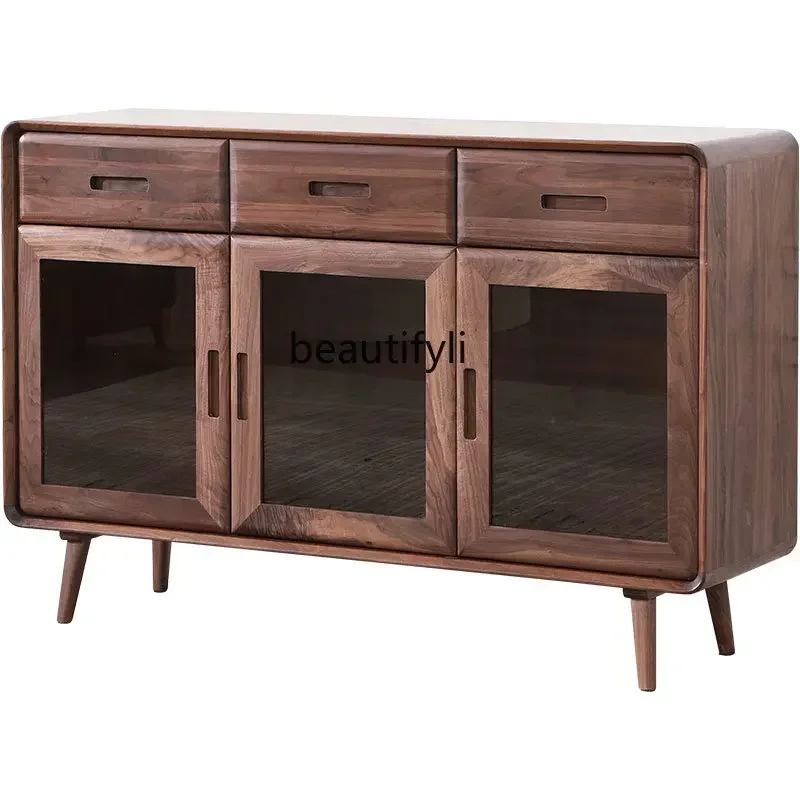 M182  Black Walnut Wood Sideboard Cabinet Wine Cabinet Integrated Nordic Solid Wood Living Room Wall Dining Room Tea Cabinet