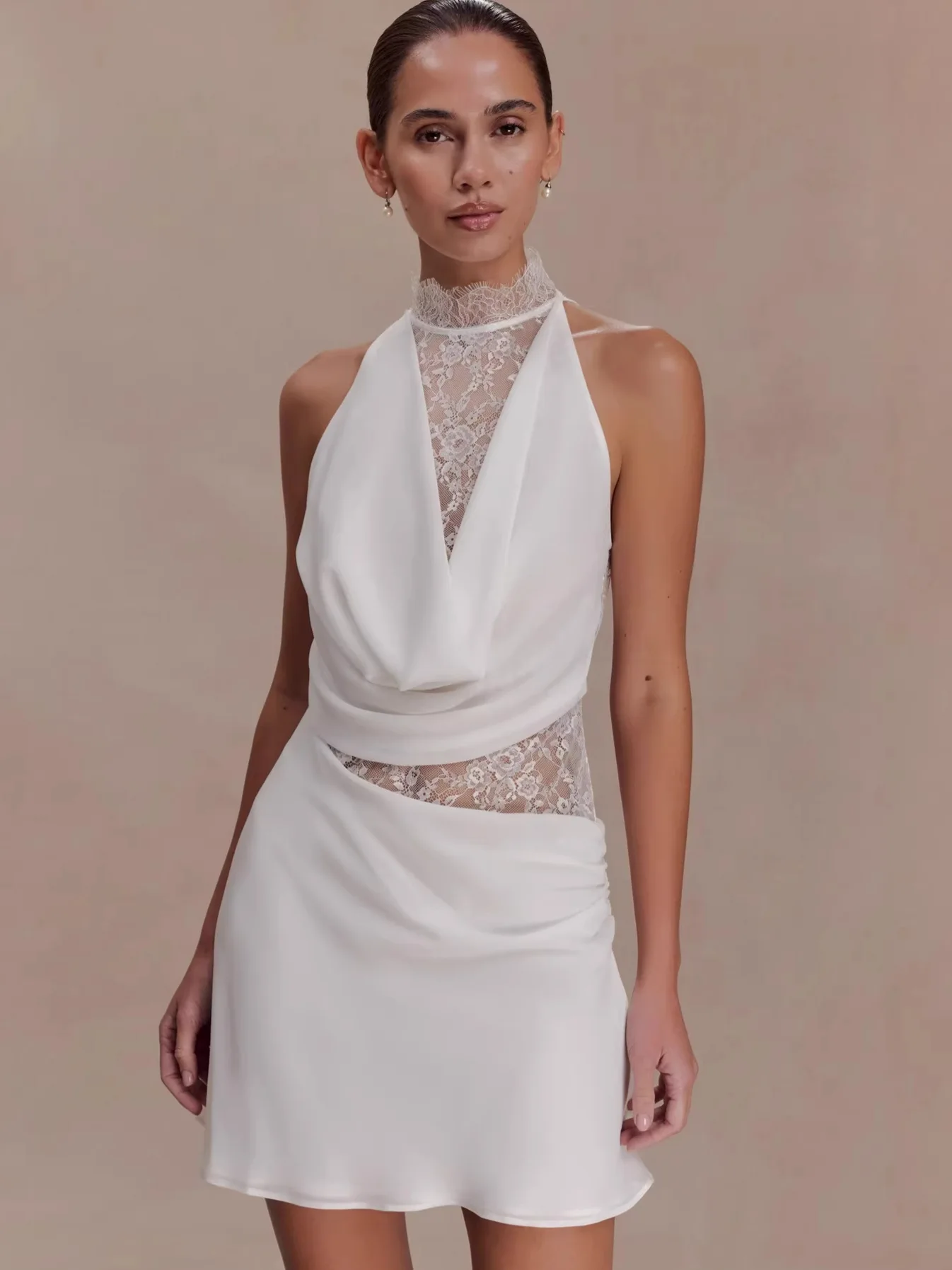 

Elsa Women's Sexy Lace Splice Halter Neck Short Dress Spring Summer New Style Elegant Fashionable Gown Polyester Fiber Sleeve...