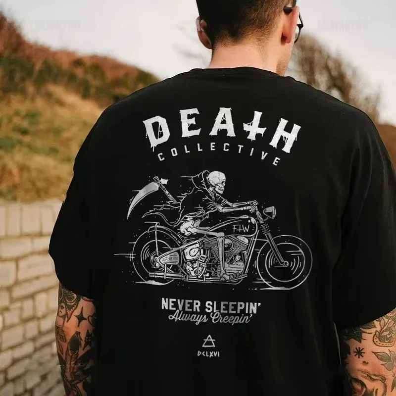 Men Retro Motorcycle Helmet Trippin Graphic Tee Chopper Biker Punk Rock Hip Hop Street Breathable Short Sleeve Top