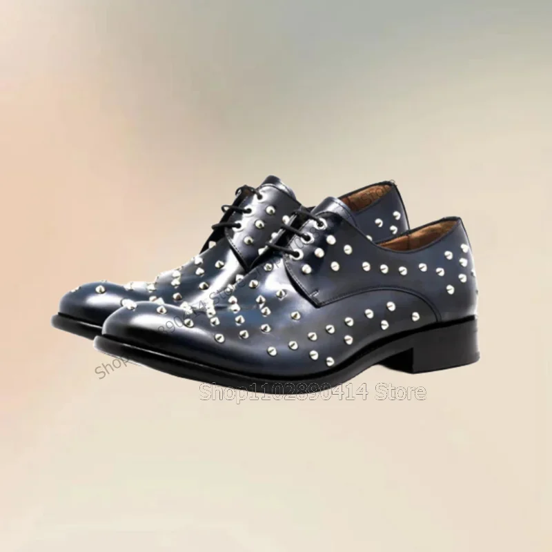 

Silver Rivets Decor Gray Round Toe Strappy Men Shoes Fashion Lace Up Male Shoes Luxurious Handmade Party Office Men Dress Shoes
