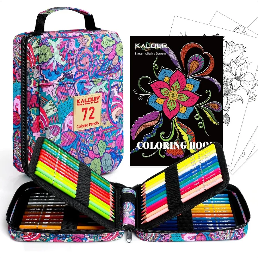 

72 Colored Pencils for Adult Coloring BookWith Coloring Book Zipper Slot Pencil Case with Sharpener Soft Core 7 Metallic Color