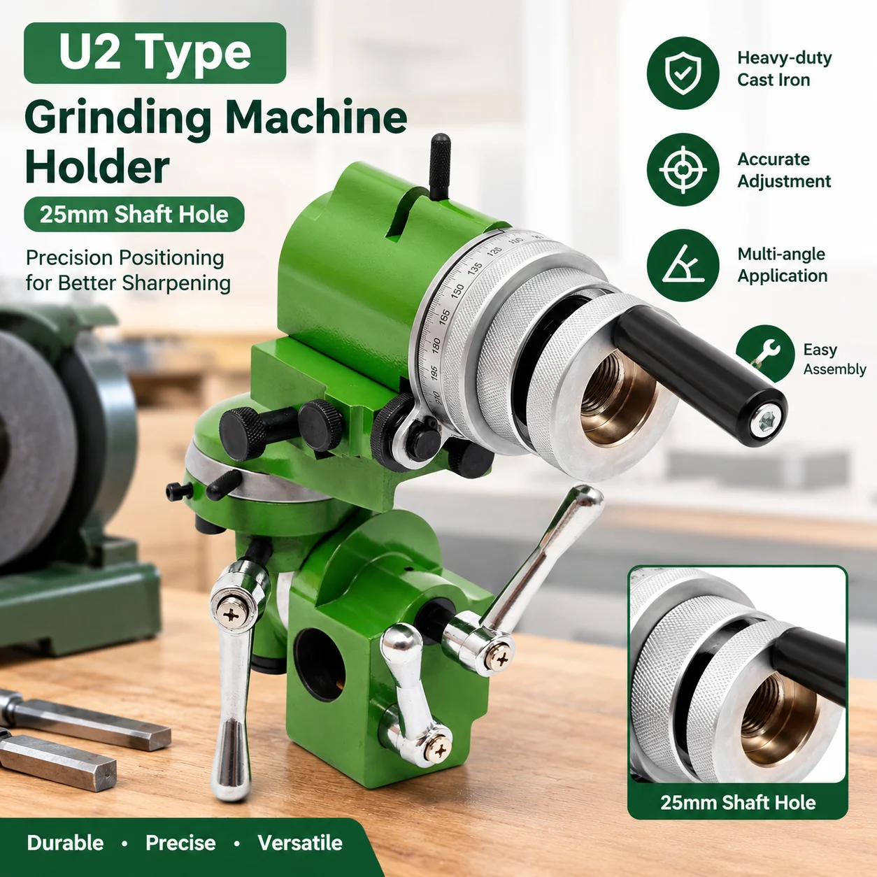 Image of 25-mm-Bohrung, U2-Universal-Schleifmaschinen-Werkzeughalter, multifunktionaler Schleifständer, robust, aus Gusseisen, mit einstellbarem Winkel, präziser Drehzahlregler, Werkzeugschärferhalterung mit