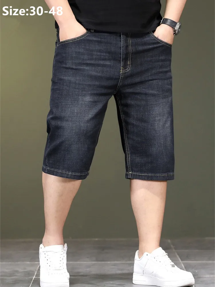 Letnie cienkie spodenki jeansowe męskie rozciągnięte luźne z wysokim stanem Plus Size 40 44 46 48 Half Jeans Szare czarne spodnie Capri Cropper