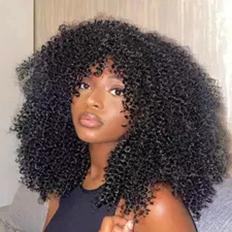 

Afro Kinky Curly Hunan Hair Wigs with Bangs Full Machine Made Wig 250 Density Remy Brazilian Short Curly Bangs Wig Human Hair