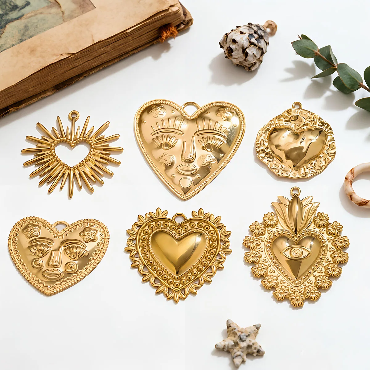5Pcs PVD Gold Stainless Steel Heart Charms Boho Enamel Sunflower Pendants For DIY Jewelry Findings For Bracelet Necklace Making - view 2