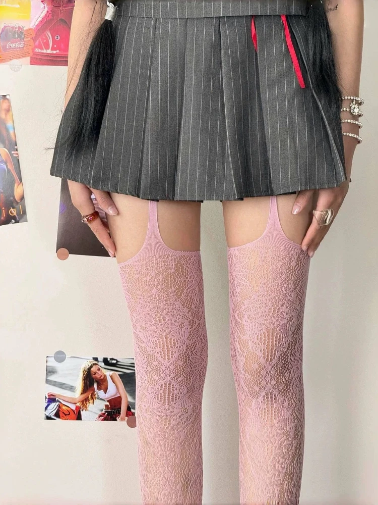 Stoking Jala Coklat Gambar Cetak Baru Kaus Kaki Setinggi Paha Berongga Kopi Seksi Wanita Kaus Kaki Panjang Di Atas Lutut Jepang Gotik Lolita