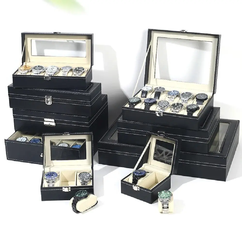 

Lockable Watch Storage Box Removable Watch Pillows 2/3/6/10/12 Grids Watch Display Box Leather with Large Glass Lid