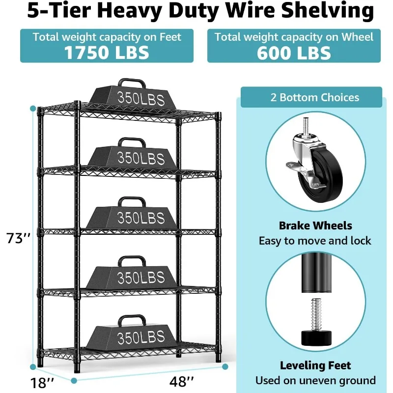 Steel Storage Shelving 5-Tier Utility Shelving Unit with Wheels, Steel Organizer Wire Rack for Home,Kitchen,Office,Garage, 1