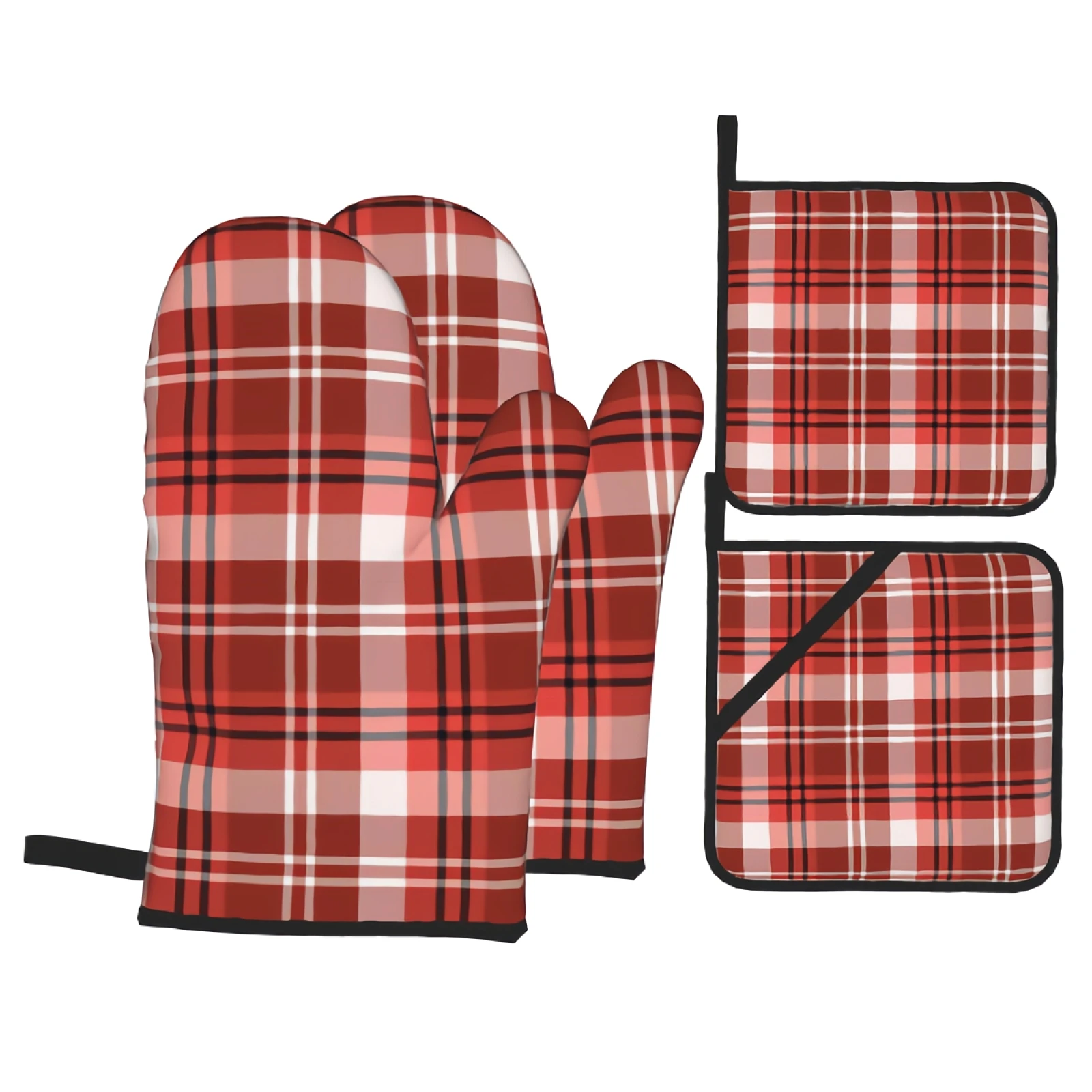 Red Plaid 4PC Oven Mitts and Pot Holders Sets for Cooking Baking Grilling