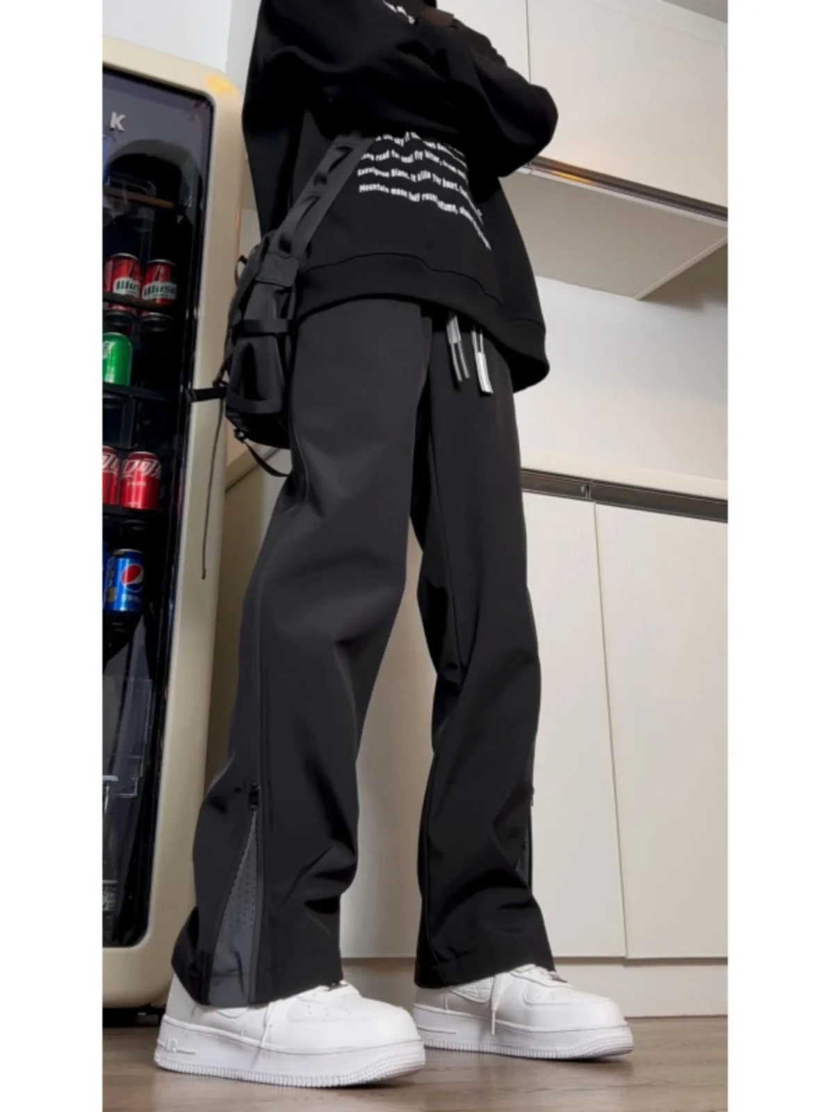 

Men's Tee-Proof Casual Pants Side Zipper Breathable Hole Straight Leg Trendy Haome Long Trousers Spring Autumn Loose Fit