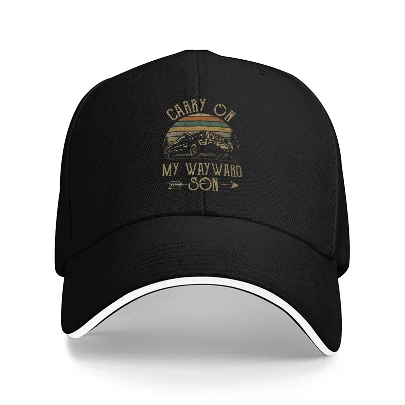 New Carry On My Wayward Son Vintage Car Sunset Baseball Cap Classic Black Hat with Retro Design and Golden Text for Men and Wome