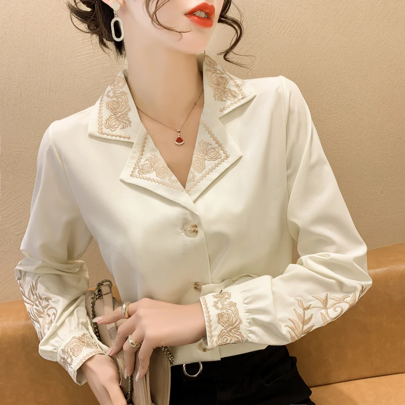 Chiffon Women\'s Blouse Large Size Embroidery Shirt Summer Elegant Long Sleeves Loose Korean Style Top Female Clothing