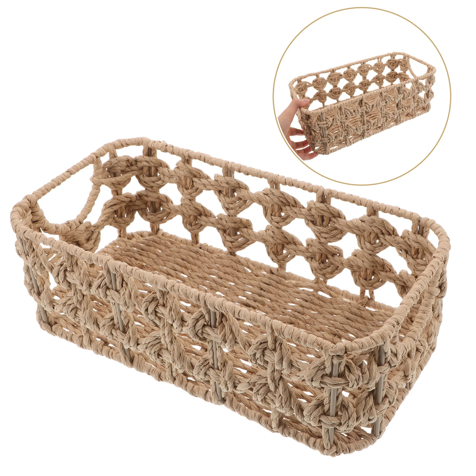 

Woven Storage Basket Light Brown Rectangle Handheld Organizer Hollow Out Design For Desktop Bathroom Coffee Table Snacks Tissue