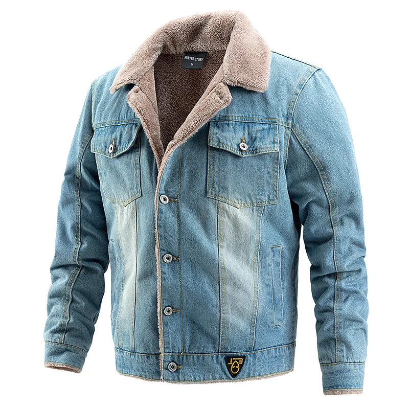 Men's Autumn Winter Fleece Thickened Denim Jacket, Plus Size Casual Trendy Coat Foreign Trade Men's Outwear