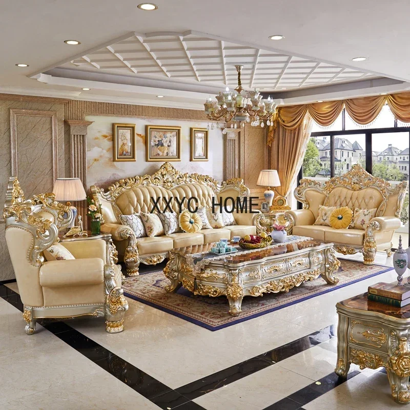 

European-style leather sofa villa living room 124 combination of luxury all solid wood carving large high-end sofa