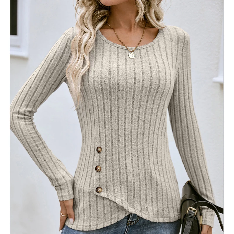 Autumn Elegant Fashion New Chic Pullover Women All Match Basic Solid Color Round Collar Button Long Sleeve Stripe Slim Sweater