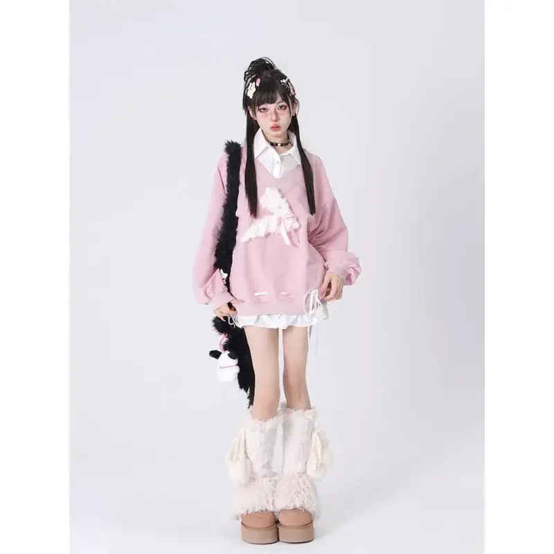 New Casual Loose Pink Hoodies Women All Match Plush Rabbit V-neck Sweatshirt Y2k Aesthetic Korean Fashion Harajuku