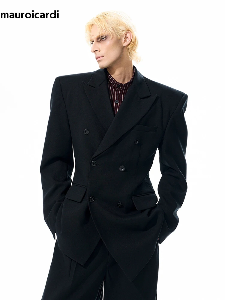 Mauroicardi Spring Autumn Black Fitted Asymmetrical Blazers for Men with Pu Leather Collar Shoulder Pads Luxury Designer Clothes
