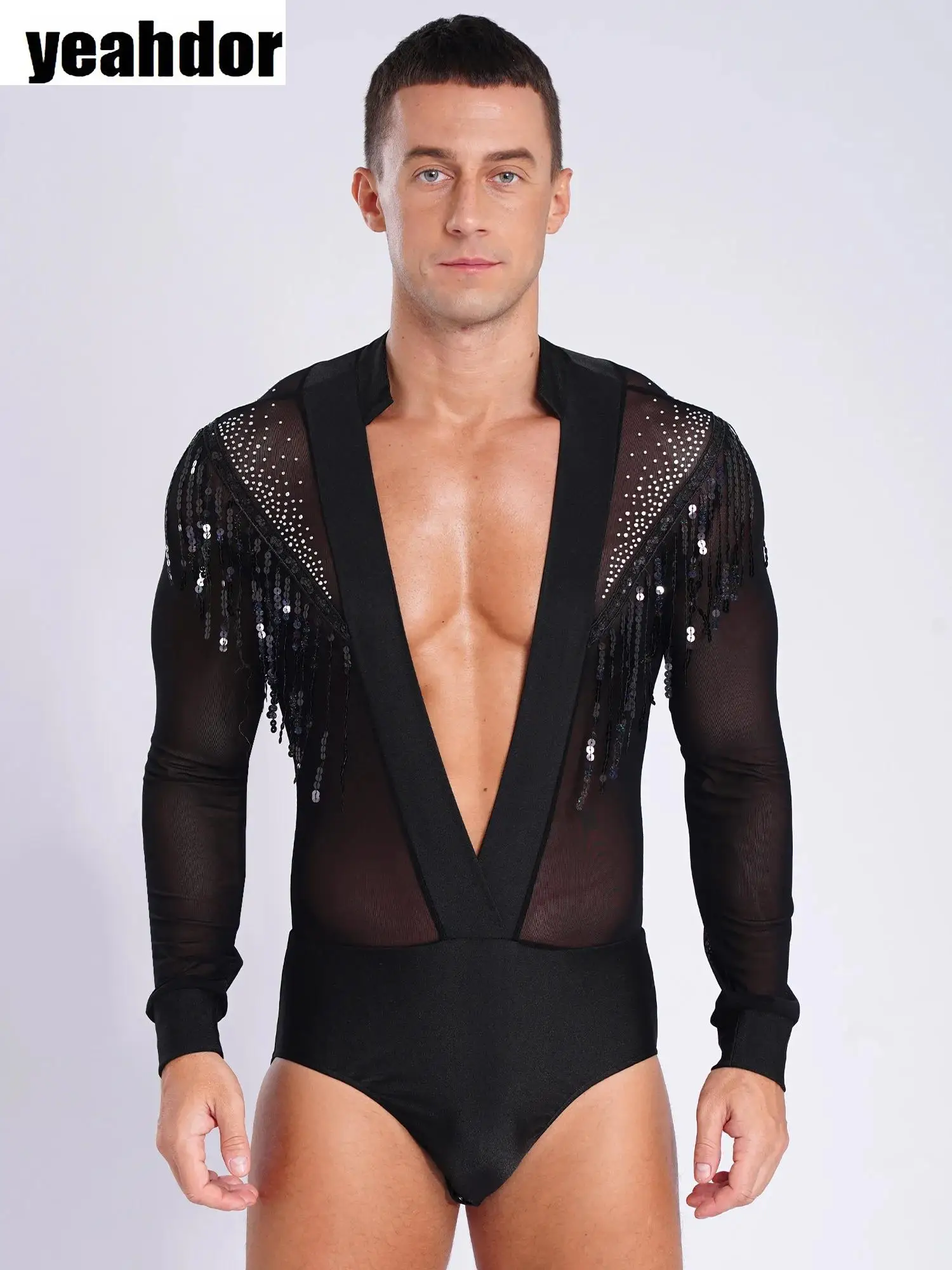 

Men Latin Dance Costume Deep V-neck Long Sleeve Sequin Tassel Mesh Leotard Bodysuit Shirt Top +Pants Set Ballroom Chacha Clothes