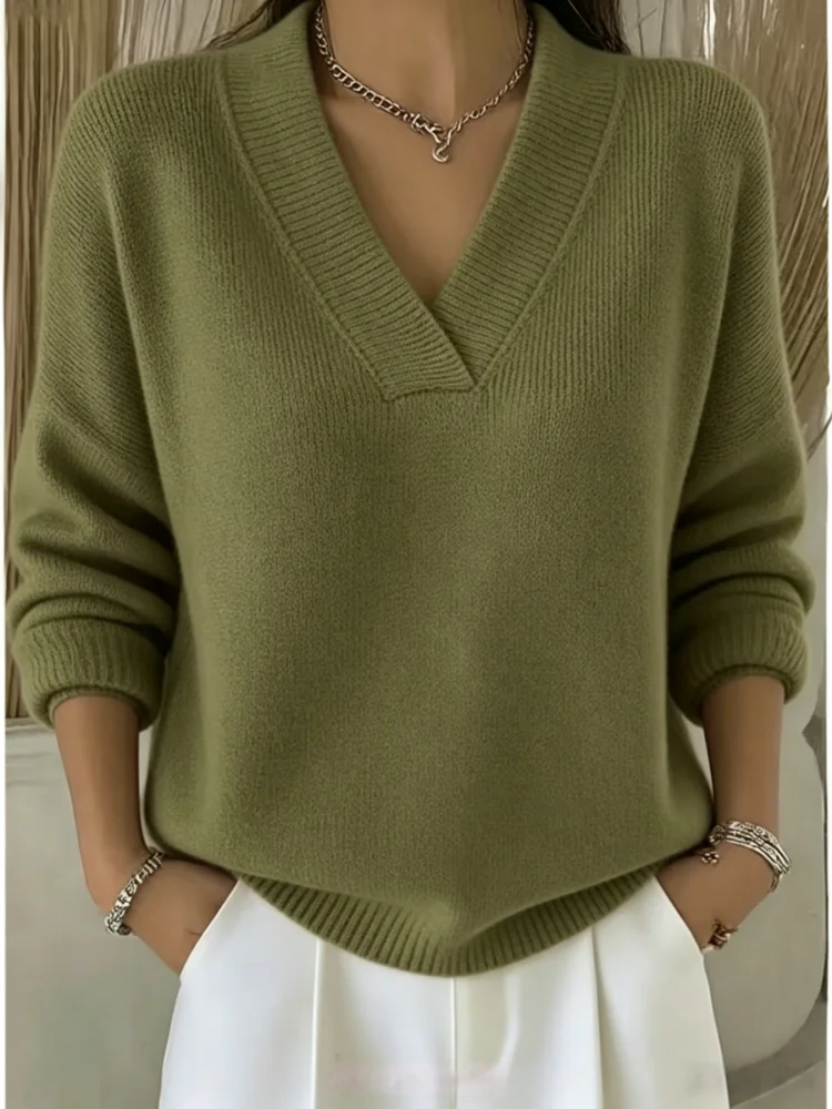 Europäische und amerikanische Plus-Size-Damenbekleidung, Herbst- und Winter-High-End-eleganter, lässiger, weicher Pullover mit V-Ausschnitt für Damen – Detail 7