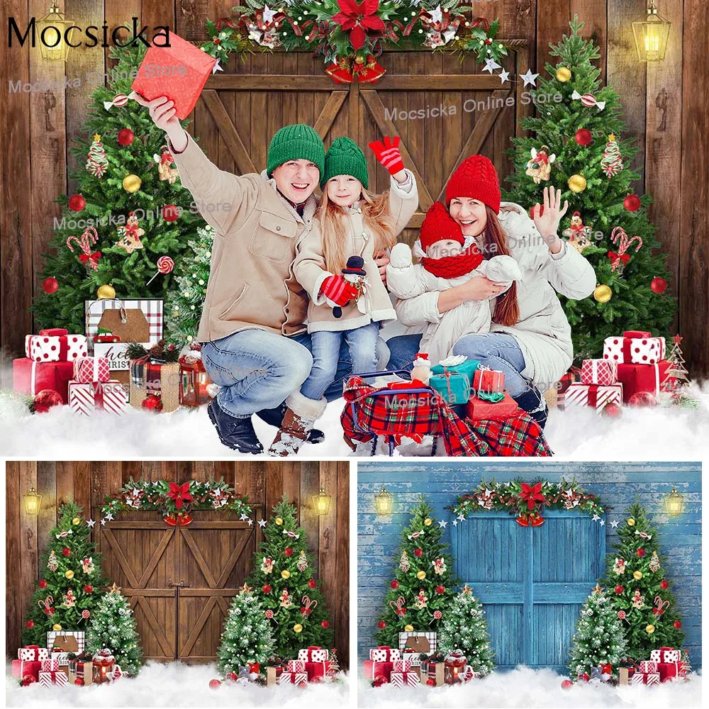 

Winter Rustic Door Merry Xmas Party Background Christmas Trees Santa Gifts Family Portrait Photography Backdrop Snow Photo Shoot