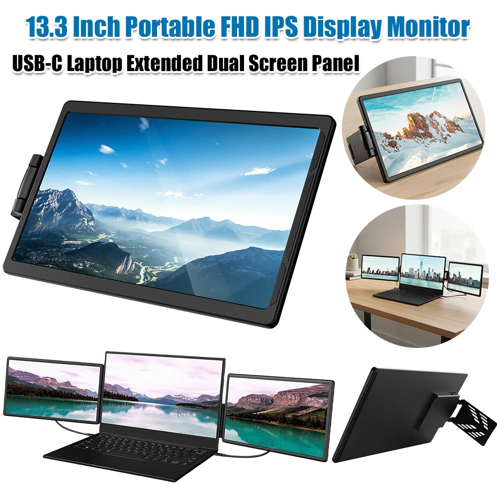 

13,3-дюймовый портативный FHD IPS-монитор, складной игровой монитор с поддержкой Plug and Play, совместимый с USB-C/HDMI, для конференций и офиса