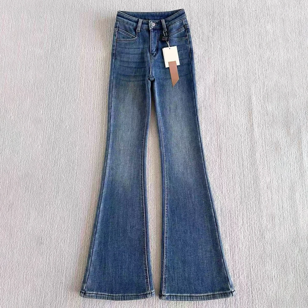 

Women's Vintage Blue Denim Flare Pants 2026 New Spring High Waist Slim Fit Washed Blue Jeans Daily Wear Lady Casual Trousers