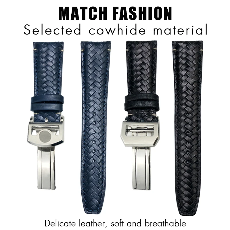 20mm 21mm 22mm Real Leather Woven Watchband Fit for IWC Big Pilot PORTUGIESER PILOT\'S WATCHES Blue Black PORTOFINO Watch Strap