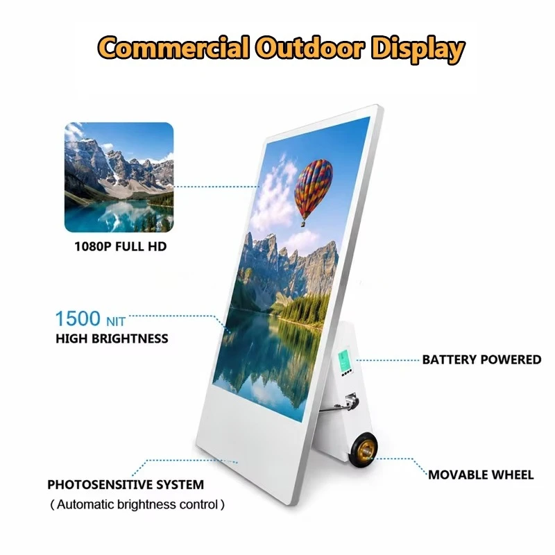 Battery Powered Outdoor Digital Poster 43 Inch Portable LCD Advertising Display 14 Hours Working Time IP65 Waterproof Screen