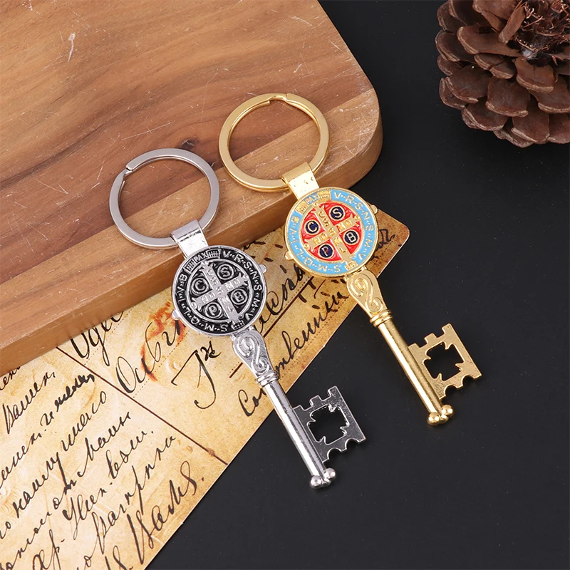 Religious Handmade San Benito Keychain For Men Women Dripping Oil St Benedict Key Shape Chain Accessories