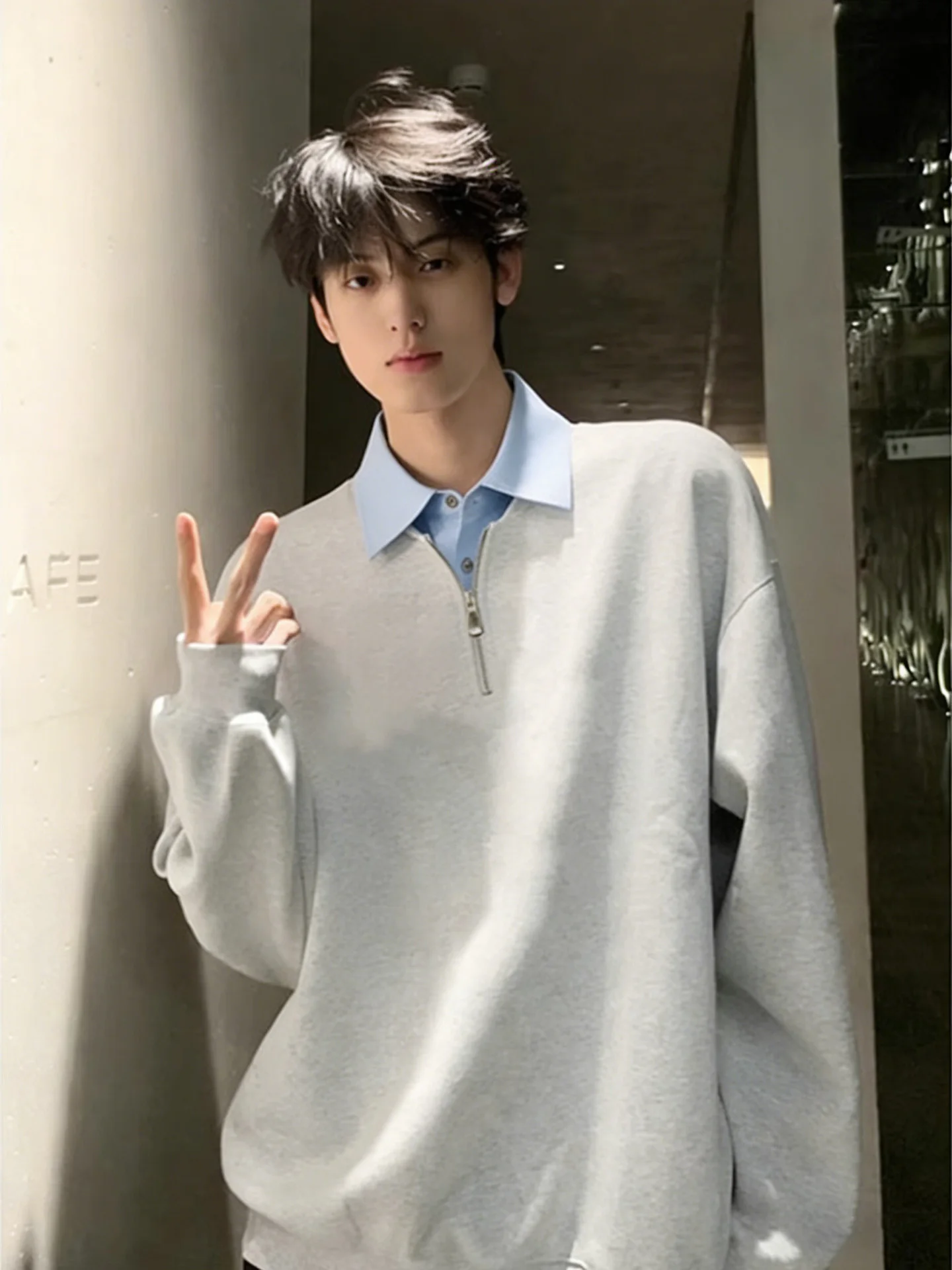 

ay irt Collar Sweatirt Men's Long Sve Spring Trendy American f Zip irt Couple's Outerwear Cleanfit Sle