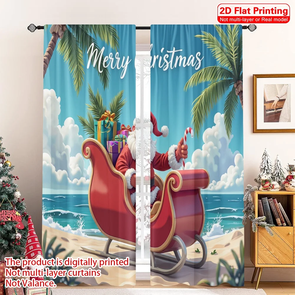 

2pcs 2D flat printing Merry Christmas Popular Curtains Santa Summer Christmas Vacation 100% Polyester Without Electricity Party