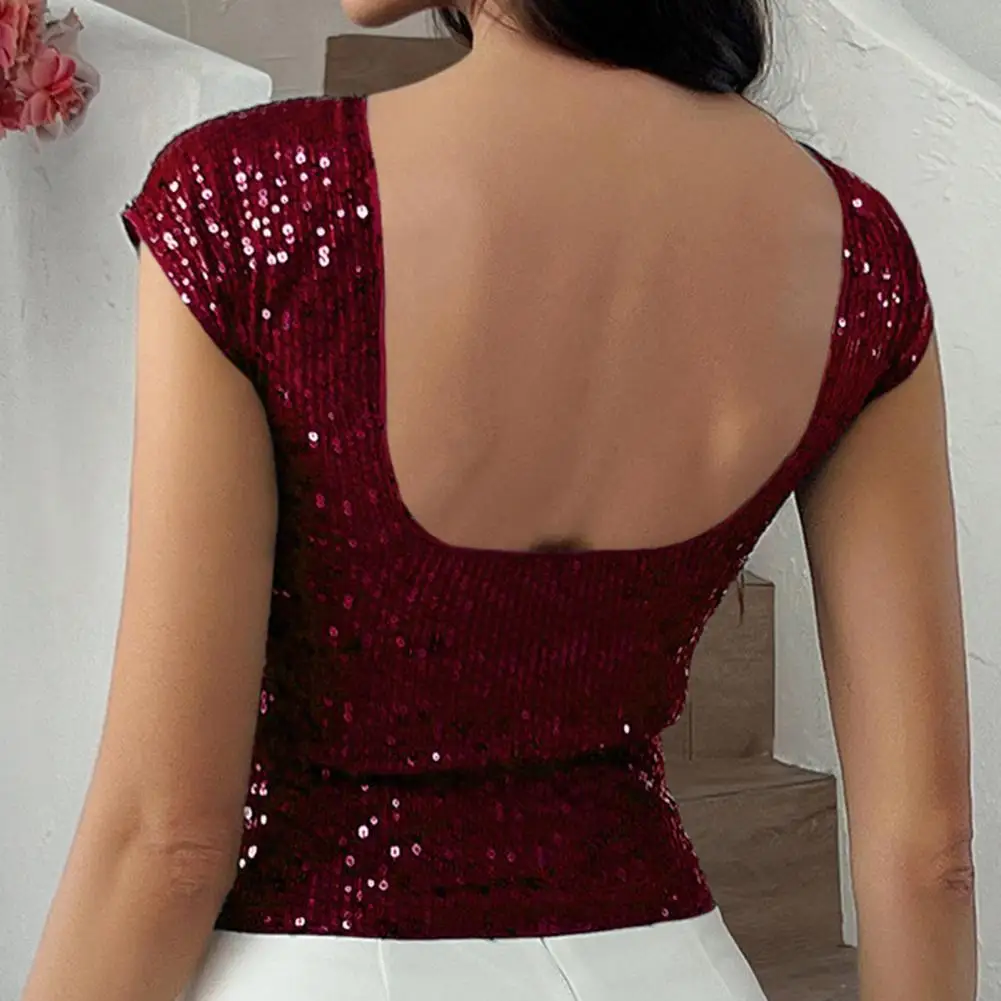 

Women Black Glitter Sequins Loose Round Neck Short Sleeve Knot Hem T-Shirt Party, New Years Eve Party Glittery Top, Summer Holid