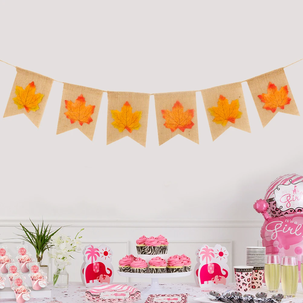 

Maple Leaf Burlap Banner Swallowtail Shape Party Decoration Garland Rustic Autumn Pull Flag for Thanksgiving Party