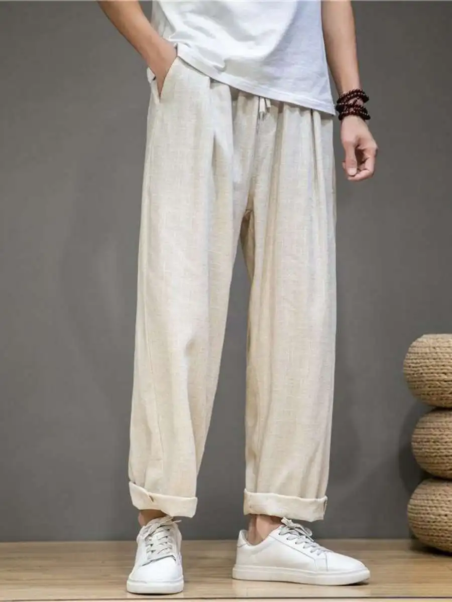 กางเกงขายาวผ้าฝ้ายลินินทรงหลวมสำหรับผู้ชาย สไตล์ลำลอง เหมาะสำหรับฤดูใบไม้ผลิ ฤดูใบไม้ร่วง และฤดูร้อน ระบายอากาศได้ดี สวมใส่สบาย