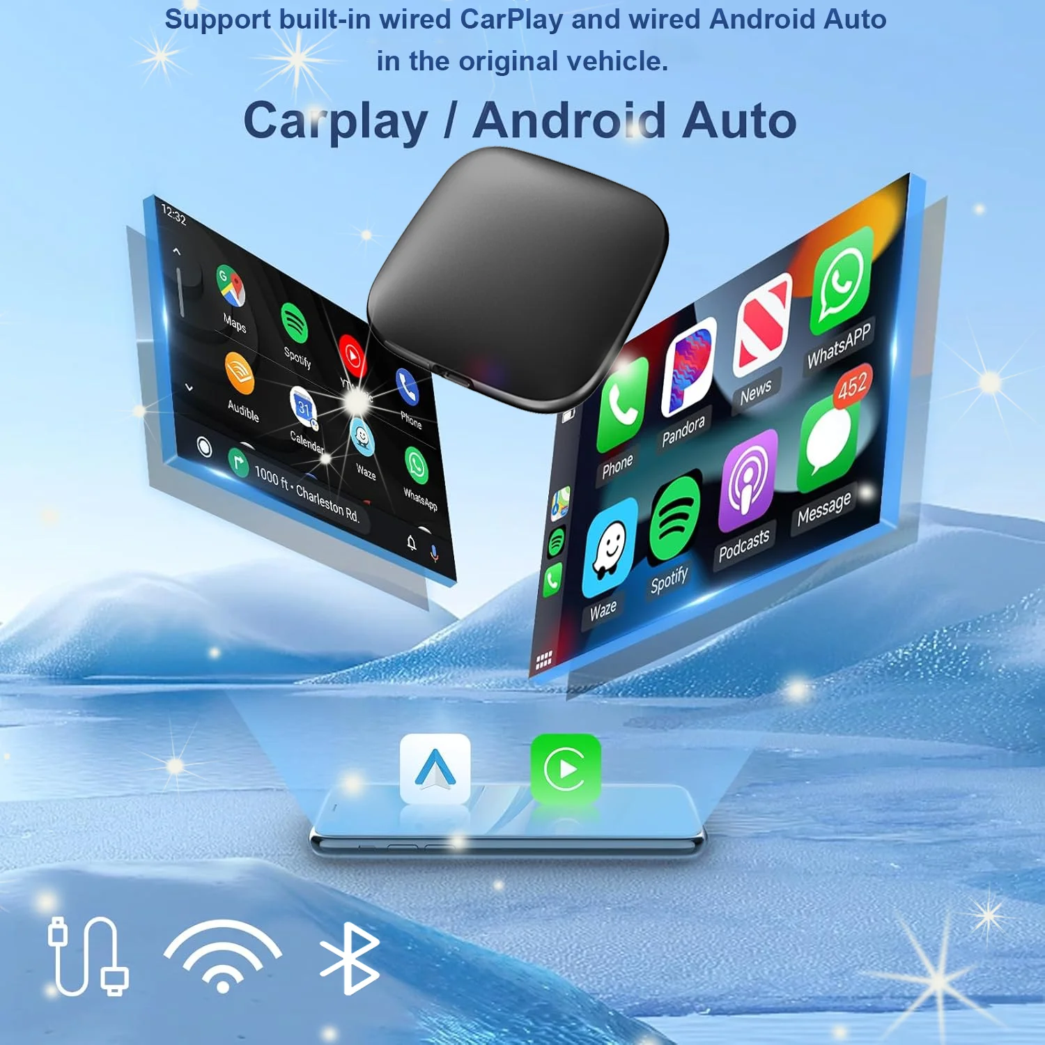 2025 Android 14 3-in-1 CarPlay Smart Box Wireless Android Car Adapter supports YouTube, Netflix Plug-and-Play