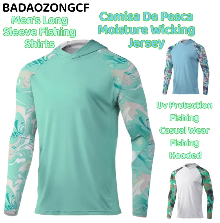 Men's Long Sleeve Fishing Shirts Camisa De Pesca Moisture Wicking Jersey Uv Protection Fishing Casual Wear Fishing Hooded
