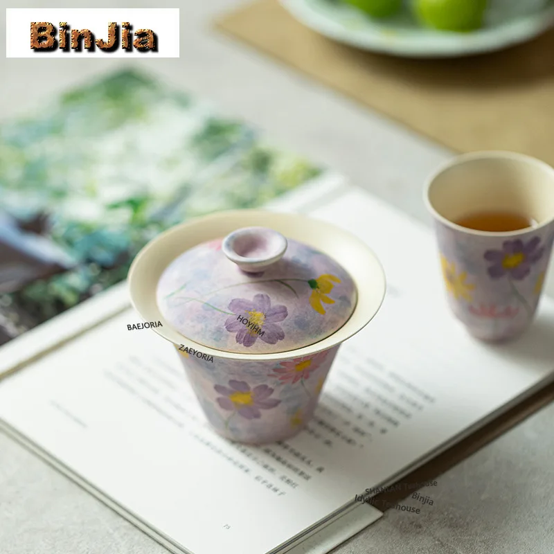 BAEJORIA 135ML Pure Hand-painted Gesang Flower Gaiwan Aesthetic Powder Yin Oil Painting Violet Tea Tureen Tea Brewing Cover Bowl