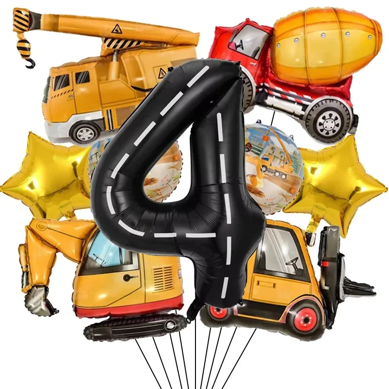 9 stücke 1 satz Engineering Thema Folien Ballons Mit 40 Zoll Anzahl Geburtstag Party Ballon Bau Fahrzeug Traktor Auto ballons